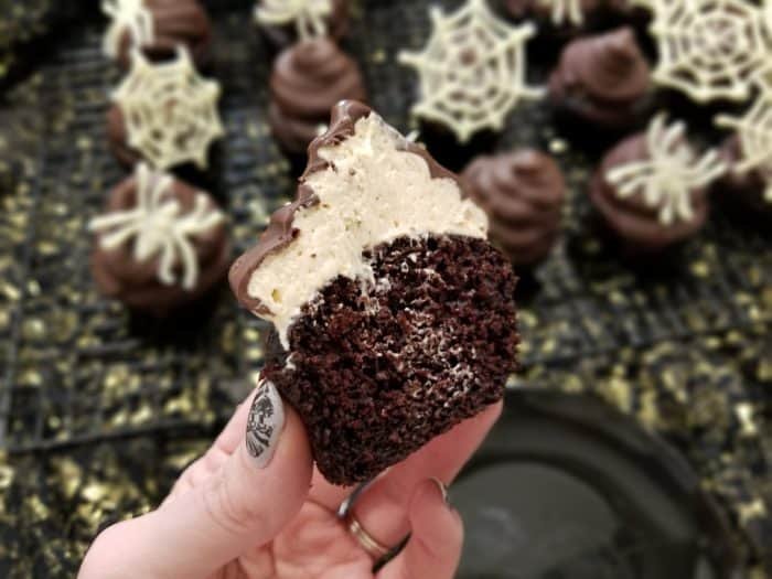 dipped chOcOlate cupcakes with tiger butter frOsting - Sugar Booger Sweets
