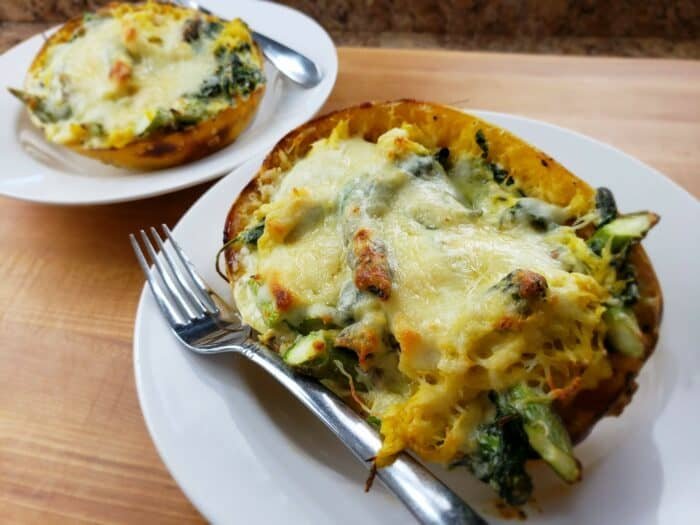 cheesy garlic parmesan spinach spaghetti squash - Sugar Booger Sweets
