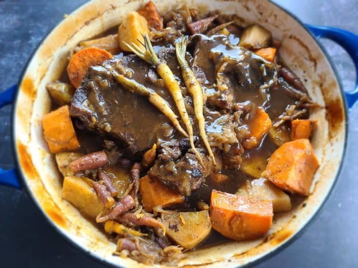 cider braised pOt rOast with caramelized OniOns and sweet pOtatOes - Sugar Booger Sweets